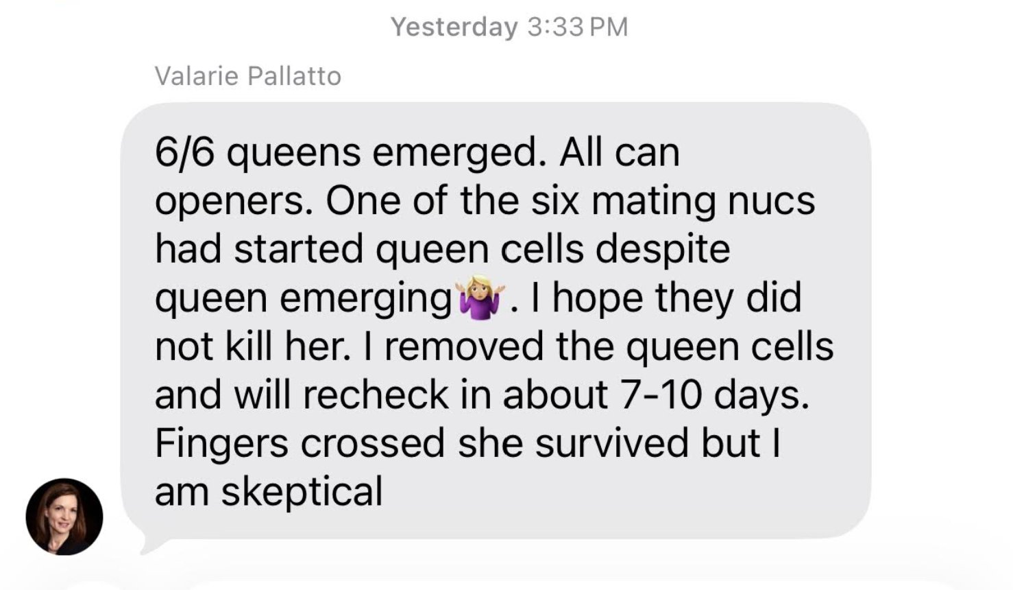 Text message from Valarie Pallatto reporting six of six queen cells emerged with one nuc showing competing queen cells